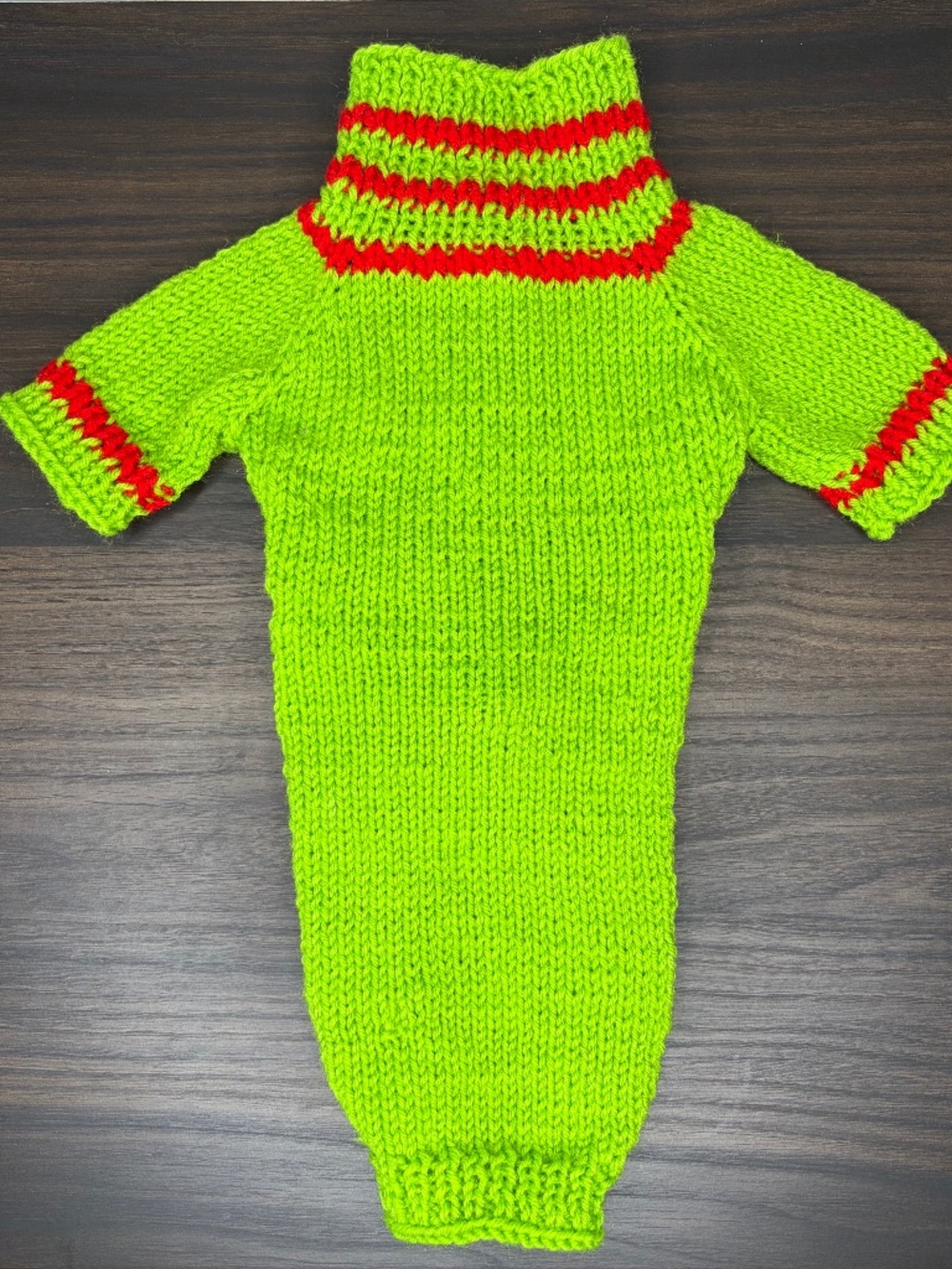 Handmade Green & Red Knit Dachshund Dog Sweater - size S